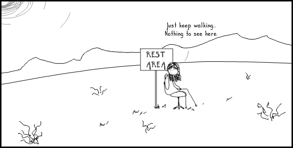 Comic image; comic text is as follows: Just keep walking... nothing to see here.